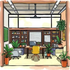 A modern workspace featuring plants, a desk with a computer, and shelves in an open environment for optimization.