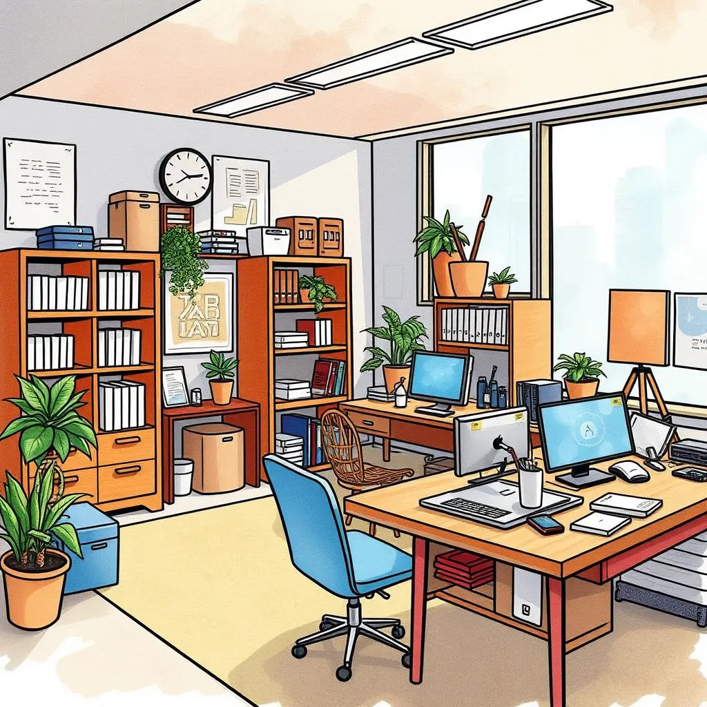 Workspace metrics reporter: Compile metrics for workspace optimization analysis 1 Illustration of a modern office workspace with plants and desks.