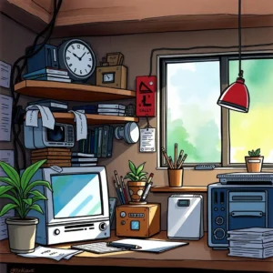 A tidy workstation with an organized desk featuring a computer, plants, and office supplies.