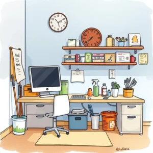Cleaning task organizer: Plan efficient cleaning schedules and tasks 5 Organized workstation with cleaning supplies and a computer for efficient task management