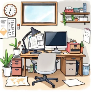 Daily cleanup reminder creator: Generate daily reminders for cleaning tasks 3 A clean, organized workstation featuring a desk with a computer, plants, and reminders for cleaning tasks