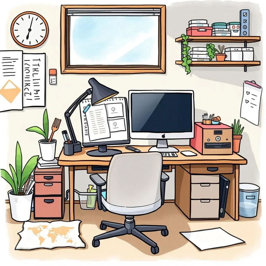 Daily cleanup reminder creator: Generate daily reminders for cleaning tasks 1 A clean, organized workstation featuring a desk with a computer, plants, and reminders for cleaning tasks