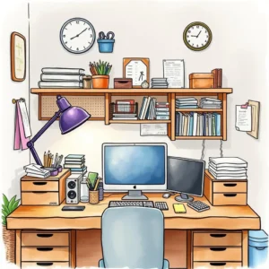 Declutter strategy generator: Create personalized decluttering strategies 2 A tidy workstation with a desktop, organized shelves, and various office supplies for productivity purposes.