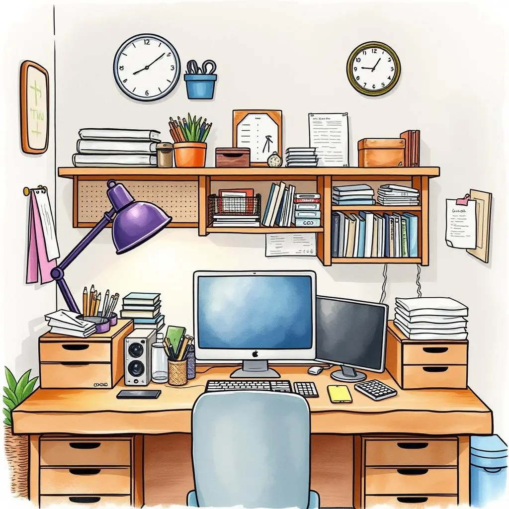 Declutter strategy generator: Create personalized decluttering strategies 1 A tidy workstation with a desktop, organized shelves, and various office supplies for productivity purposes.