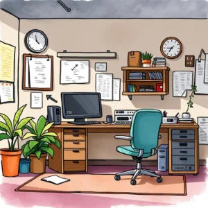 A workspace featuring a desk with a computer, organized documents, and plants for clarity and productivity.