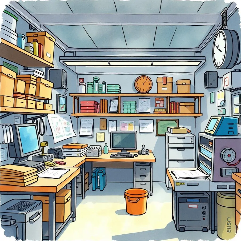 Inventory status reporter: Create reports on inventory levels and health 1 Organized workstation with inventory reports, tools, and supplies.