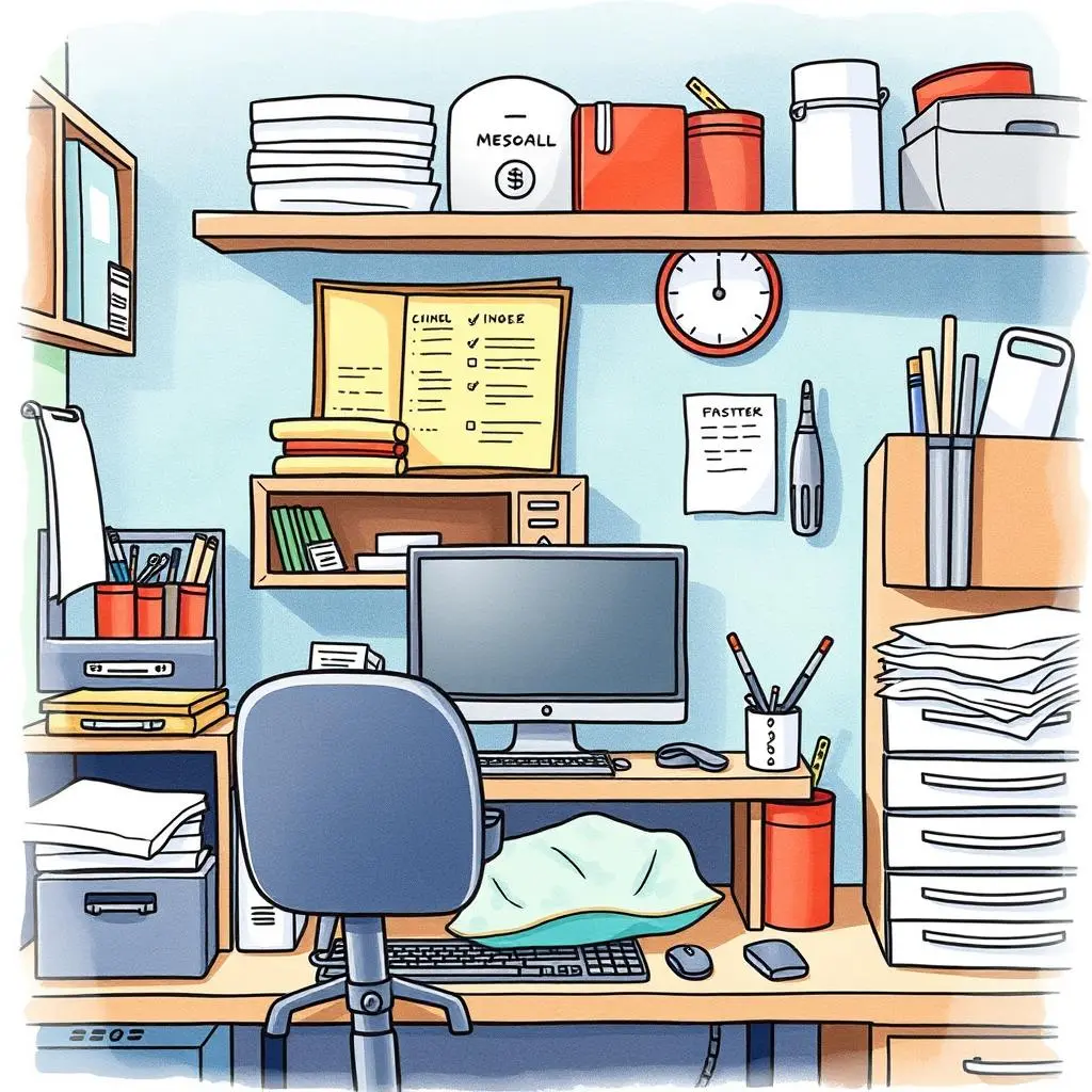 A tidy workstation featuring a computer, organizational tools, and a cleanup checklist on the wall