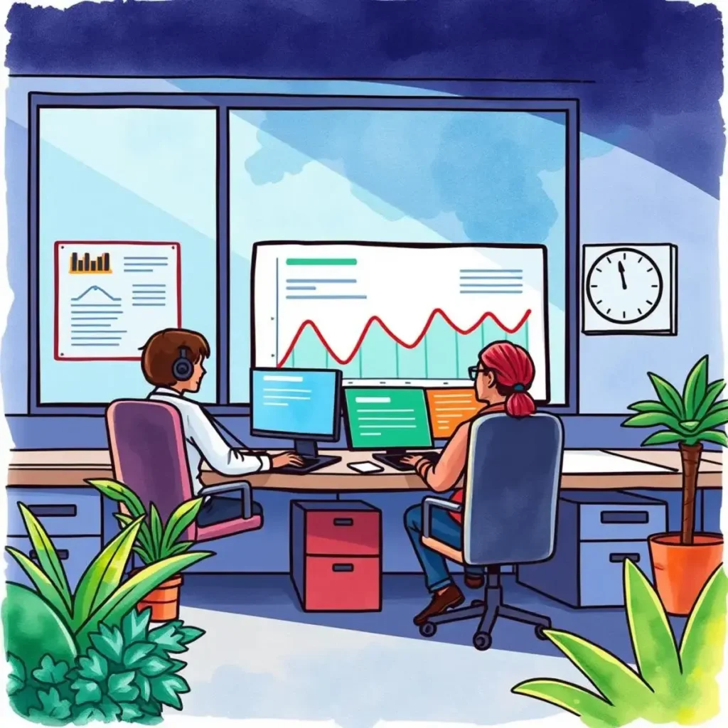 Abandon rate tracker: Monitor and report call abandon trends 1 Two analysts monitor call abandon trends in a bright office.