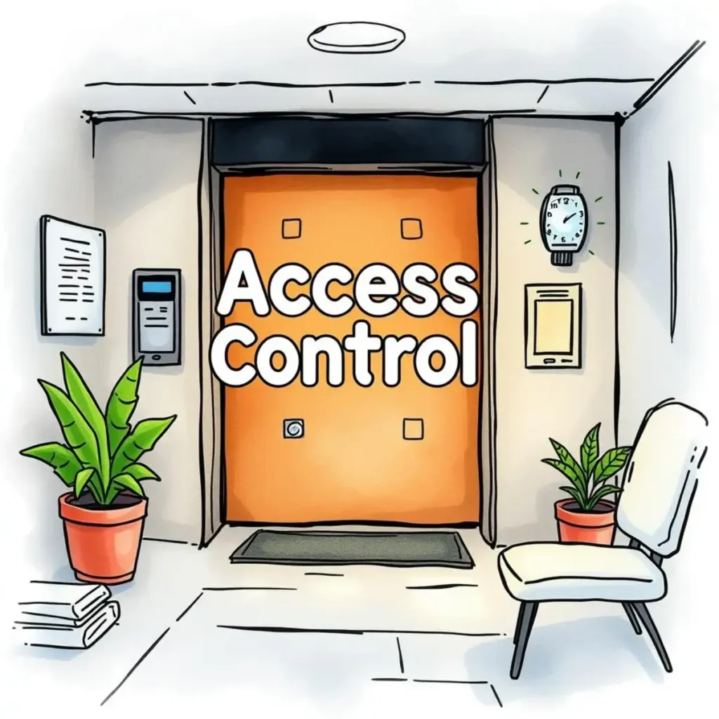 Access card issuance text formatter: Format text for access card applications 1 Illustration of access control entryway with vibrant orange door.