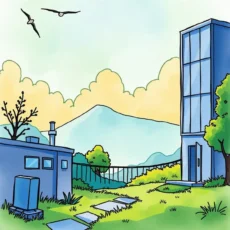 Illustration of a serene landscape with modern buildings and mountains.