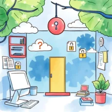 An illustrated office space representing user permissions management and security.