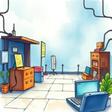 Access Control Policies Writer tool workspace with computers and filing cabinets for IT tasks