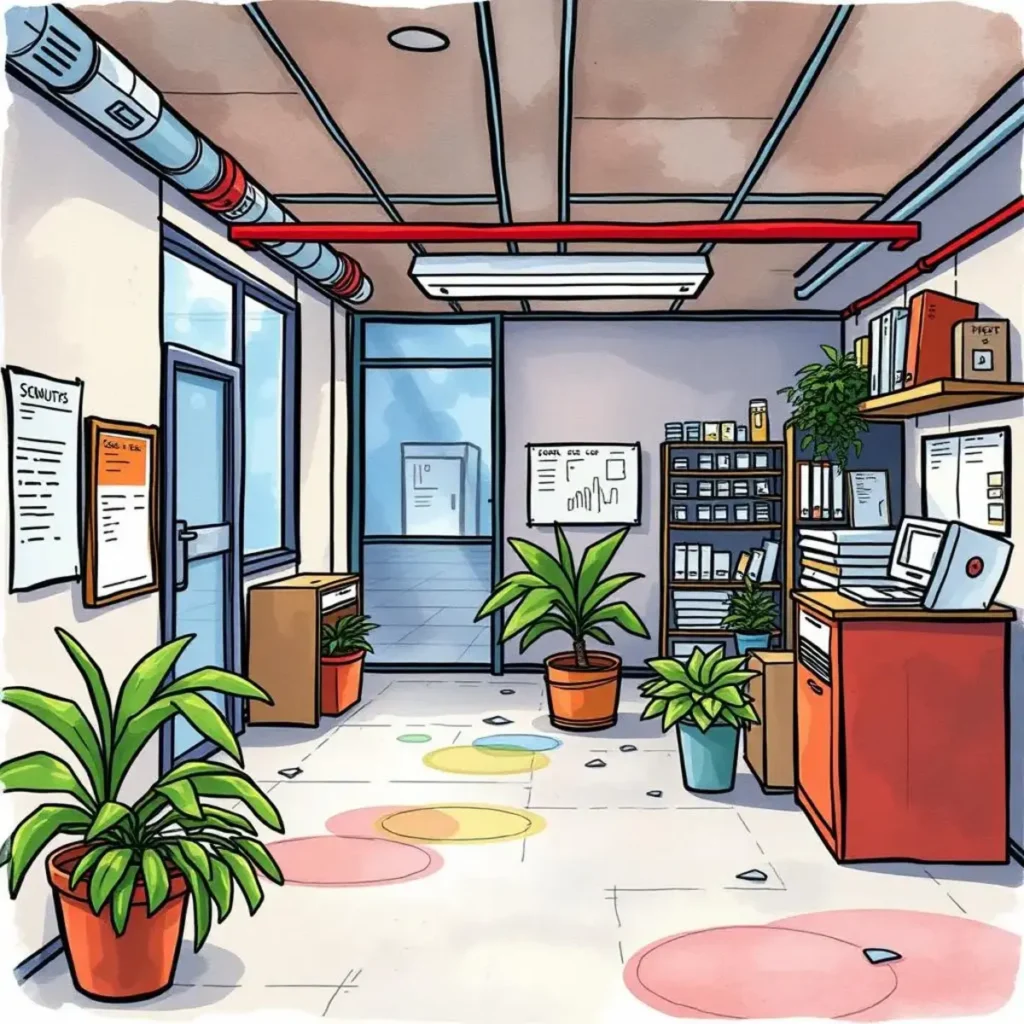 Access level description creator: Generate clear access level definitions 1 Modern office space with plants, desks, and resource materials for asset management.