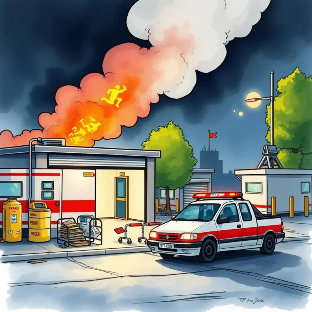 Accident details compiler: Compile detailed accident descriptions easily 1 Accident scene with emergency response vehicle and smoke in the background, illustrating urgency in incident reporting