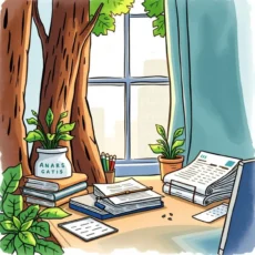 Cozy workspace with plants, papers, and a window view.