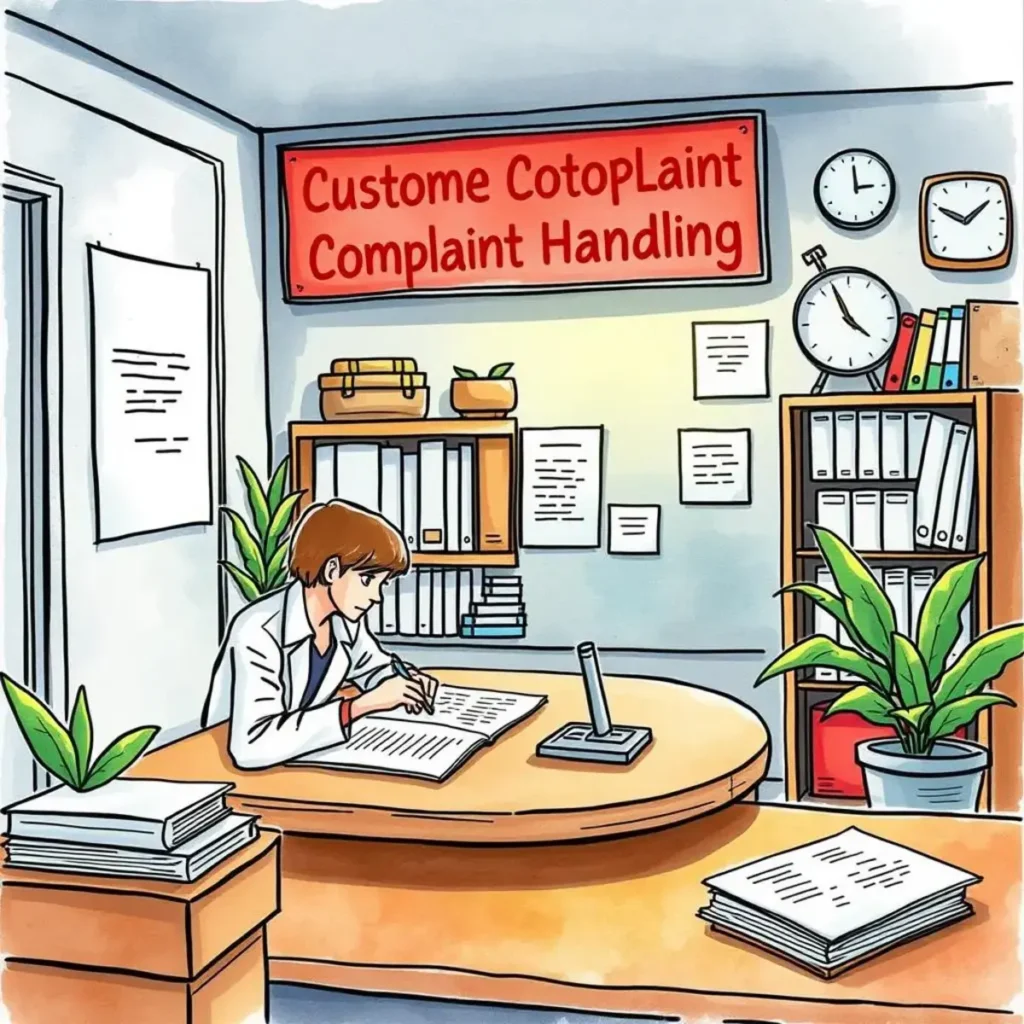 Action plan designer: Create structured corrective action plans 1 Office scene depicting a specialist handling customer complaints efficiently.