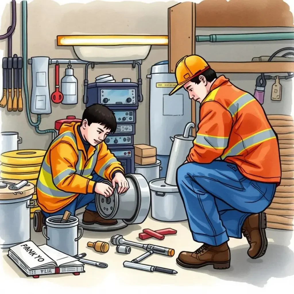 Activity tracker for equipment: Log equipment maintenance activities effectively 1 Two workers in safety gear perform equipment maintenance in a workshop.