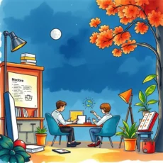 Two professionals collaborating in a vibrant office setting, creating ad content.