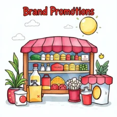 Colorful illustration of a marketplace for brand promotions featuring various products.