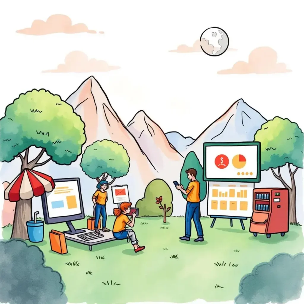 Ad launch timer: Coordinate ad releases for maximum exposure 1 Team coordinating ad launch in an outdoor setting with mountains.