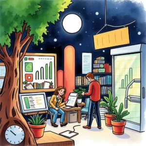 Ad spend insights tool: Provide insights based on ad expenditure data 3 Ad Spend Insights Tool illustration depicting professionals discussing marketing data in a modern workspace.