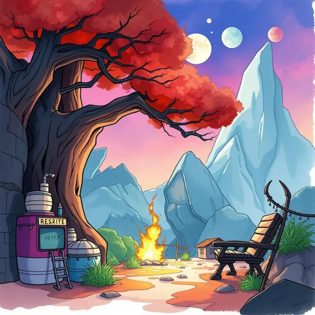 Adjustment impact analyzer: Evaluate effects of design changes 1 A serene landscape featuring a fire pit, mountains, and a vibrant tree symbolizes design evaluation.