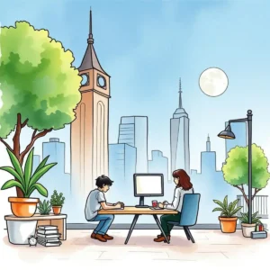 Two professionals discuss customer inquiries in a modern, sunny office setting.