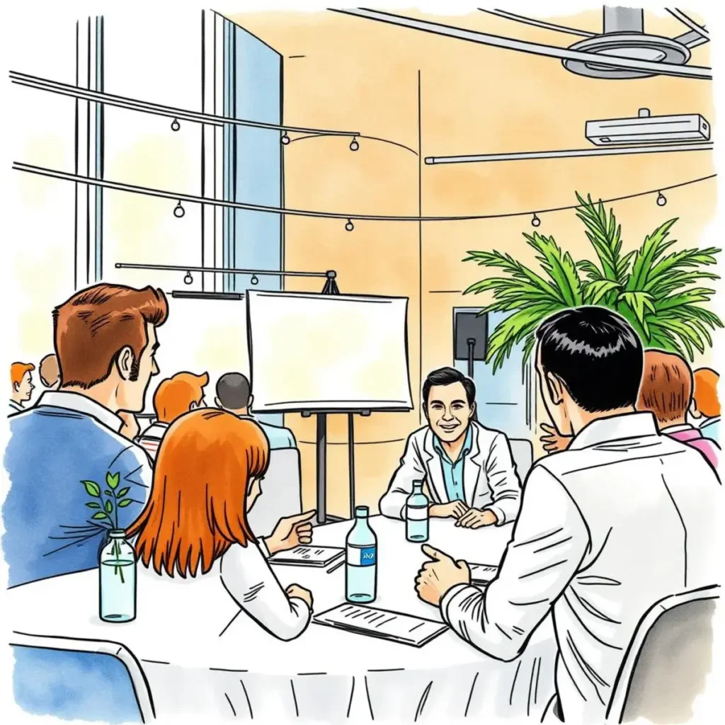 Agenda outline creator: Draft outlines for efficient event agendas 1 Professionals collaborating in a bright conference room creating event agendas.
