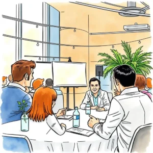 Professionals collaborating in a bright conference room creating event agendas.