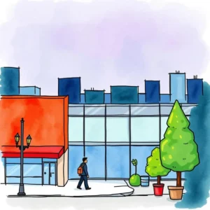 Agreement analyzer: Summarize key lease terms for compliance 10 Illustration of a storefront with trees, conveying lease analysis context.