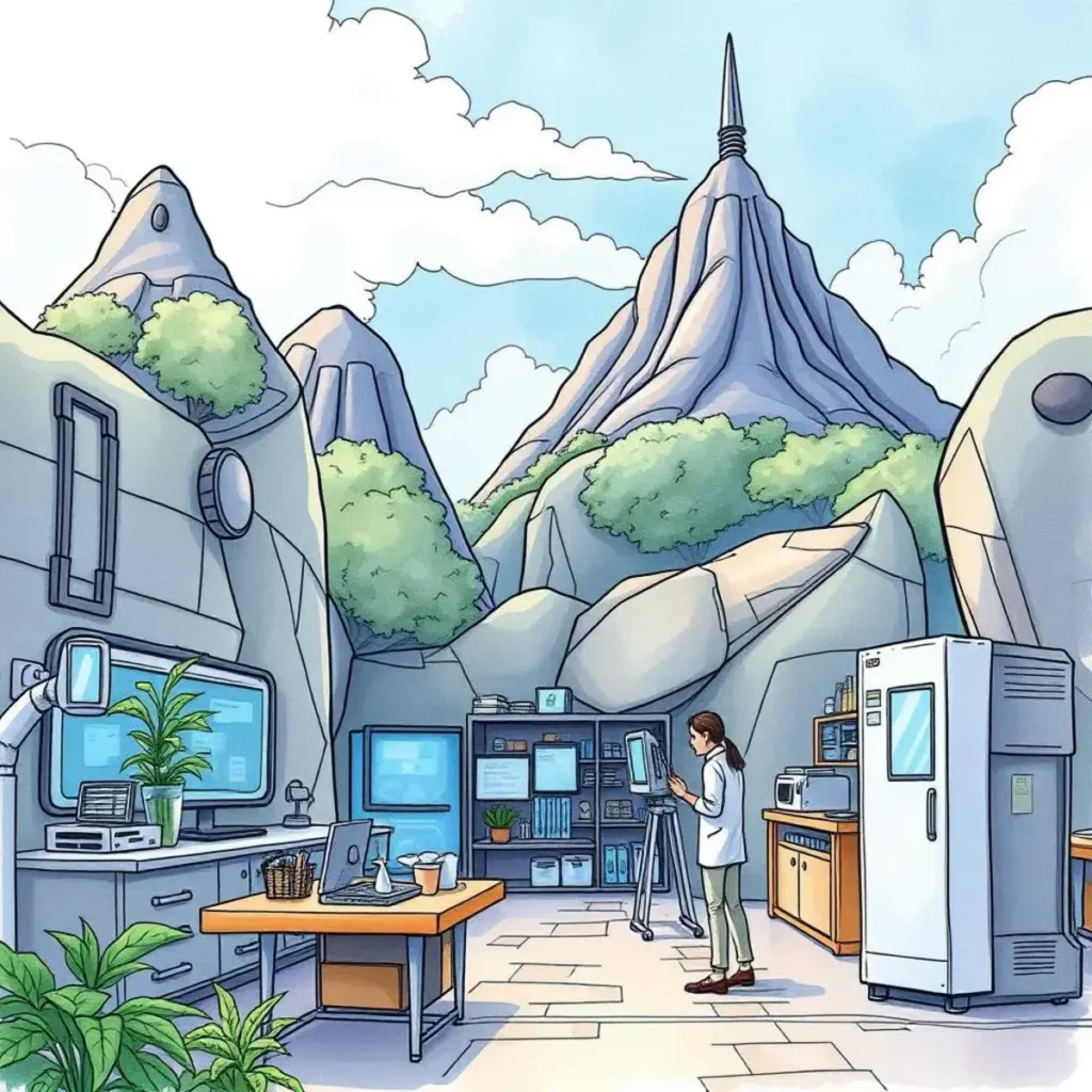 A researcher analyzing agreements in a modern, nature-inspired lab setting.