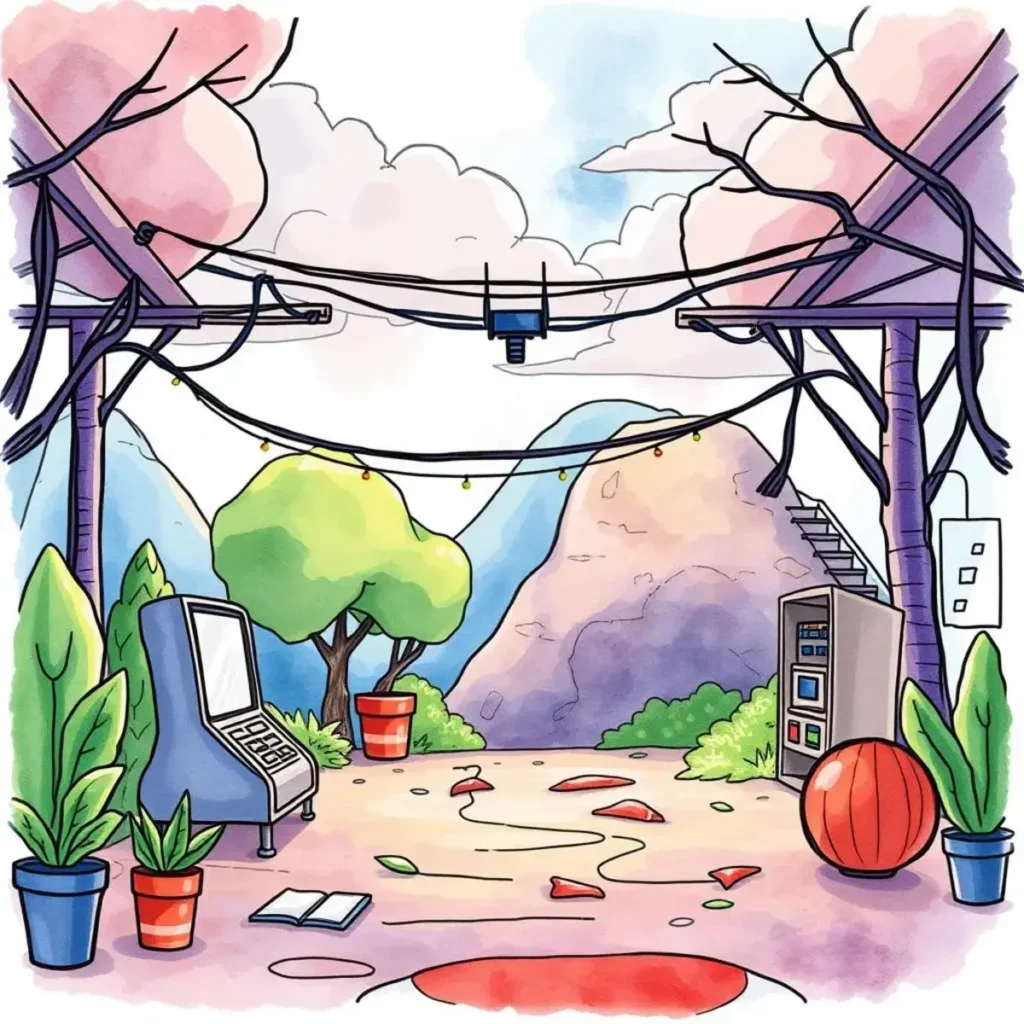 Ai performance test planner: Outline performance tests based on requirements 1 A vibrant outdoor scene featuring eclectic tools and plants, symbolizing creative planning for IT performance tests.