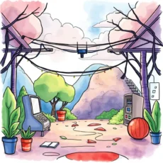 A vibrant outdoor scene featuring eclectic tools and plants, symbolizing creative planning for IT performance tests.