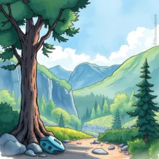 A serene landscape illustrating a path through mountains and trees.