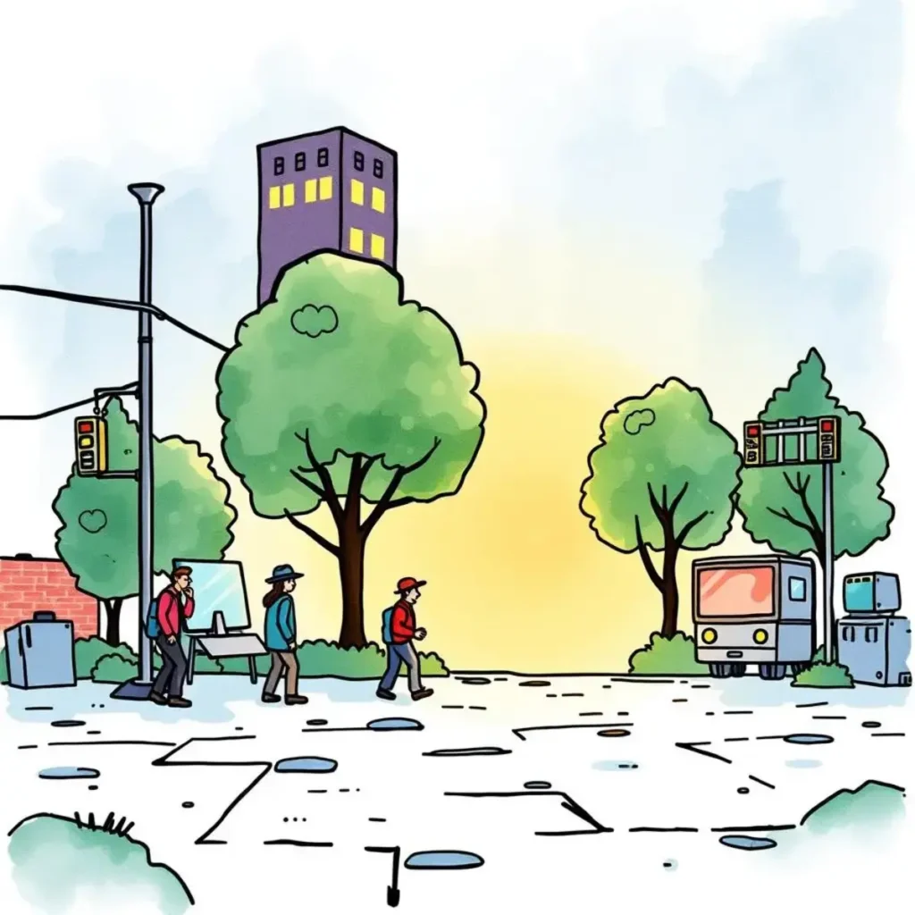 Alert message composer: Generate professional incident alerts 1 Illustration depicting individuals navigating a busy urban environment.