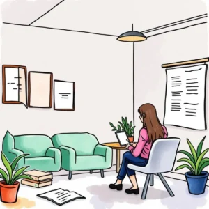 A woman works on a laptop in a well-organized office space surrounded by plants and furniture.