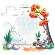 A tranquil scene illustrating "Process Validation" with a tree, plants, and a cozy chair in an outdoor setting.