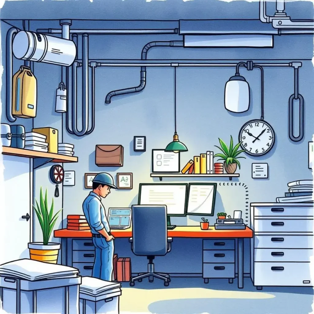 Asset care scheduler: Streamline asset care and maintenance schedules 1 A facilities manager organizing maintenance schedules in an office environment.