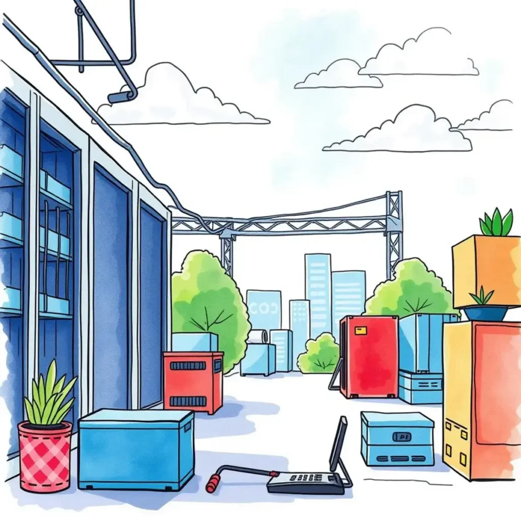 Asset identifier tool: Streamline asset identification processes 1 Illustration of a tech yard with storage containers and laptops.