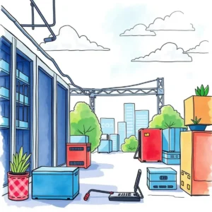 Illustration of a tech yard with storage containers and laptops.