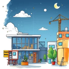 A modern administrative building with construction elements, showcasing asset lifecycle management tools in action.