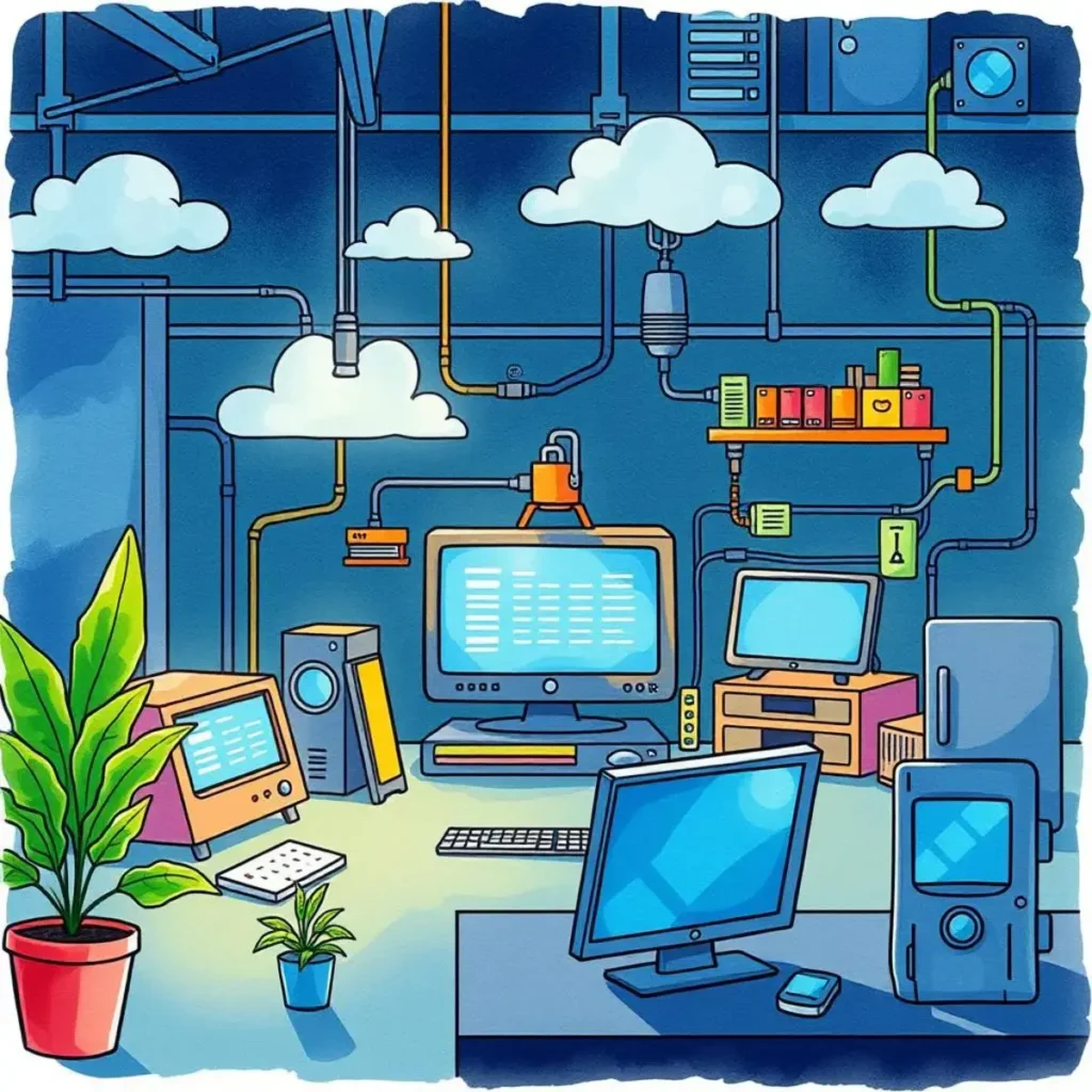 Asset report generator: Produce detailed reports on IT assets 1 Colorful illustration of an it workspace with computers and plants.