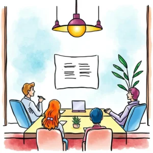 A team of professionals discussing strategies in a modern meeting room with a presentation backdrop.