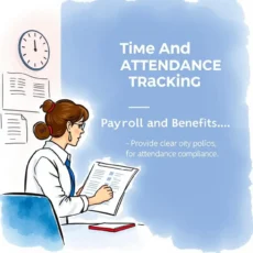Illustration of a woman reviewing attendance policy documents in an office.