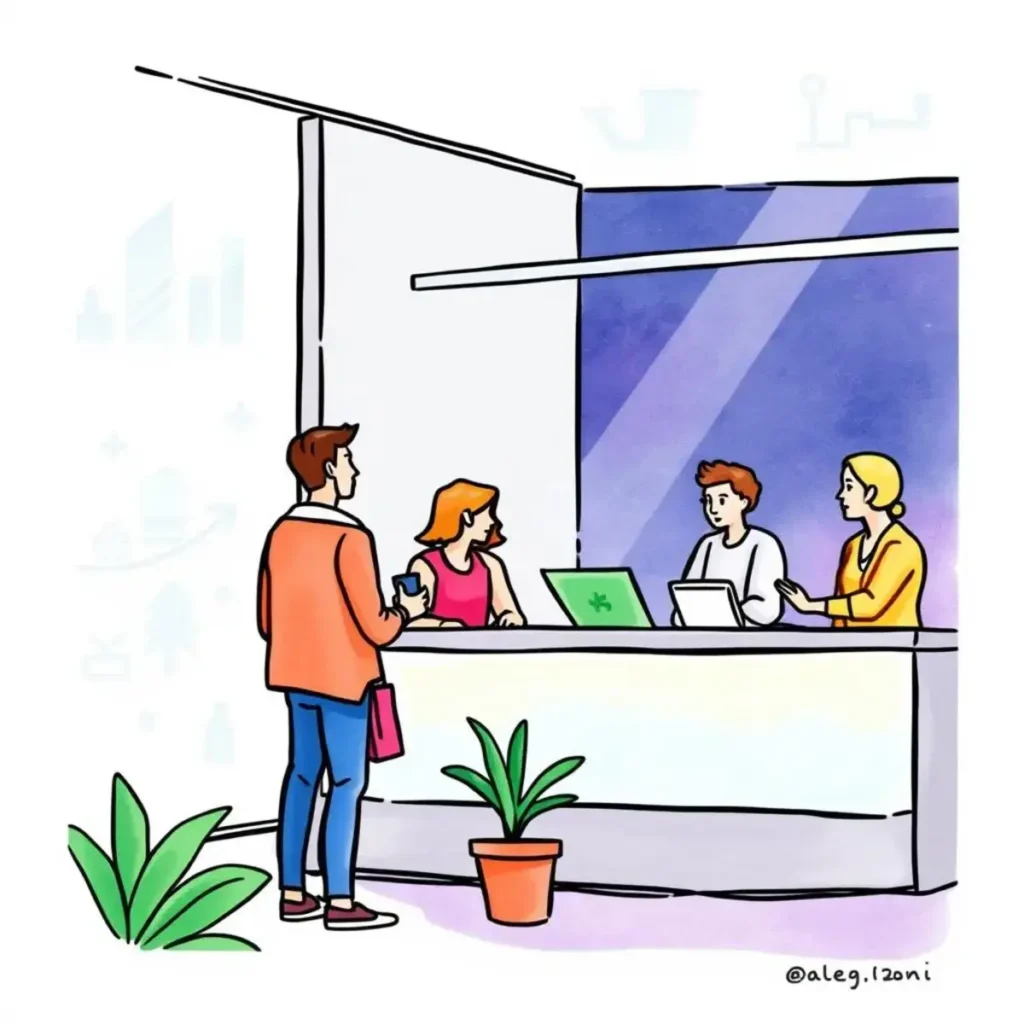 Faq assistant: Create tailored answers for common attendee inquiries 1 A person engaging with staff at a registration desk, emphasizing attendee support in events.