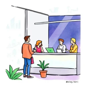 Faq assistant: Create tailored answers for common attendee inquiries 8 A person engaging with staff at a registration desk, emphasizing attendee support in events.