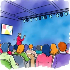 Audience engaged during a presentation about trending sentiment analysis tools.