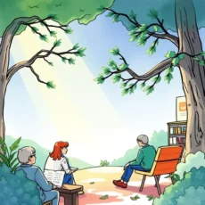 A serene outdoor setting with three people engaging in a discussion under trees.
