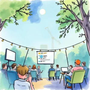 A group of professionals engaged in outdoor audience feedback discussion with a presentation screen.