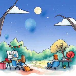 Two professionals analyzing data outdoors under a moonlit sky.